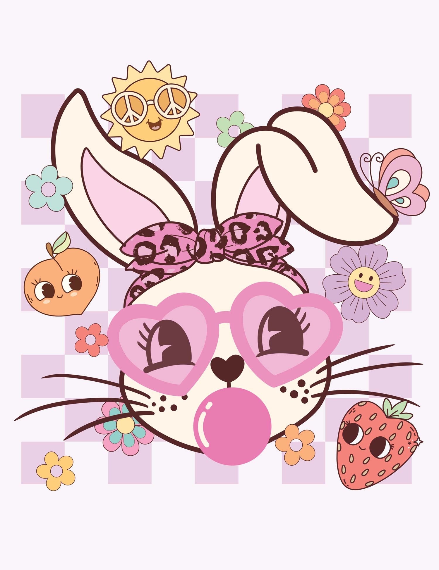 Bubble Bunny strijktransfer – Een eigenwijs konijn met hartjesbril en kauwgombel