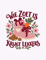 Wie zoet is Sinterklaas strijktransfer – Een roze laarsje met cadeautjes en bloemen